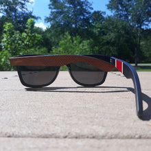 Load image into Gallery viewer, red stripe bamboo sunglasses outside rear view