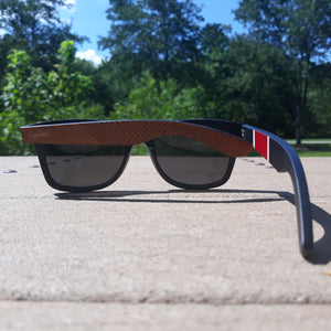 red stripe bamboo sunglasses outside rear view