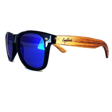 Load image into Gallery viewer, blue lenses bamboo sunglasses quarter view