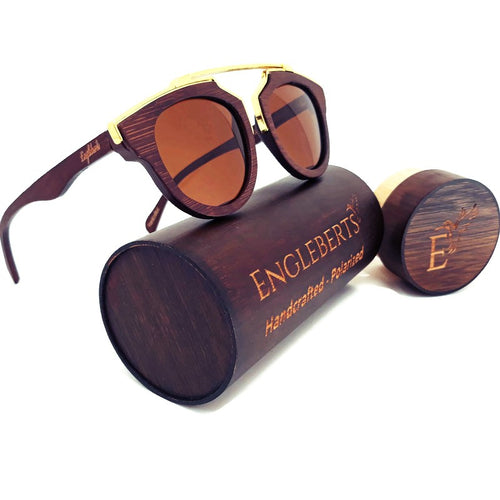 cherry wood with gold metal frame sunglasses with case
