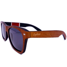 Load image into Gallery viewer, Red stripe bamboo sunglasses outdoors quarter front view