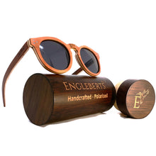 Load image into Gallery viewer, quarter view cinnamon skateboard sunglasses with wooden bamboo case