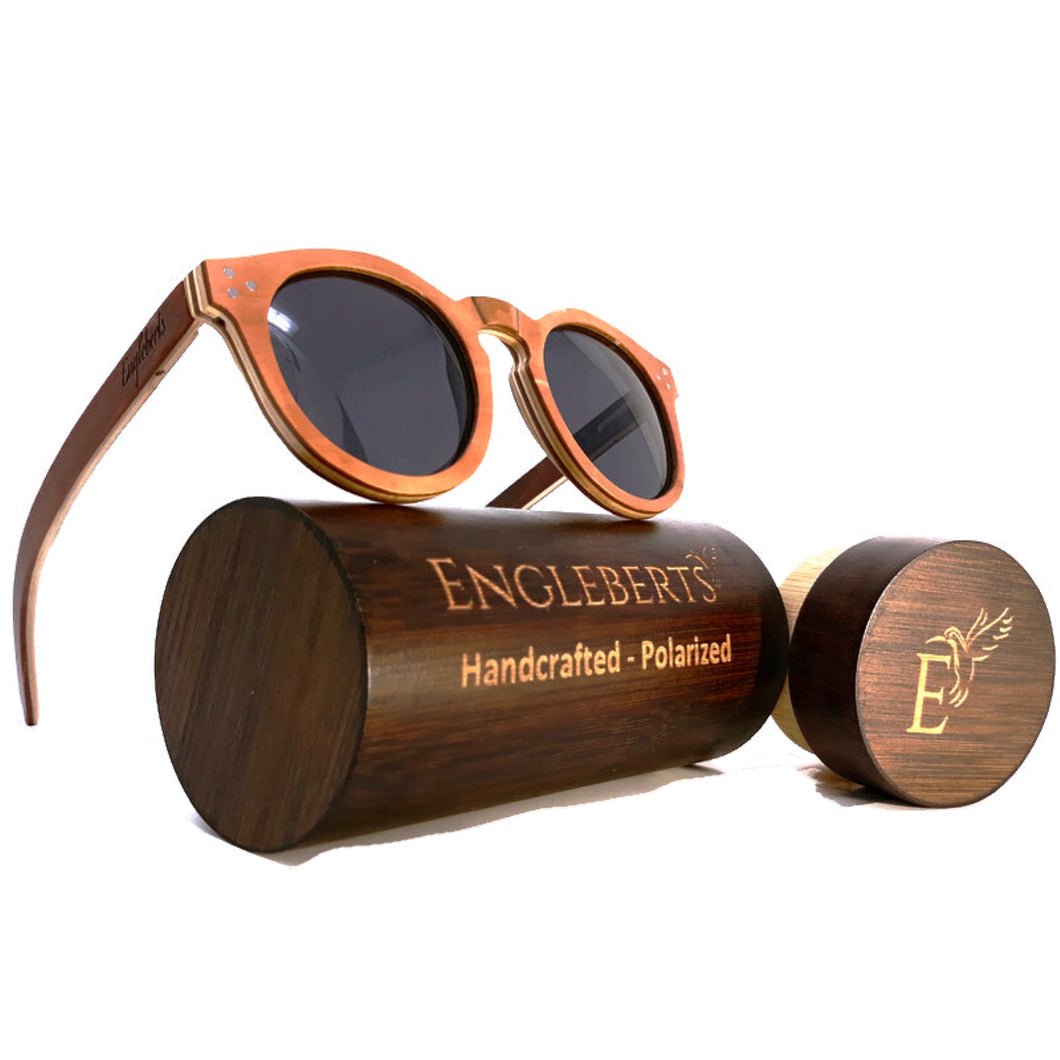quarter view cinnamon skateboard sunglasses with wooden bamboo case