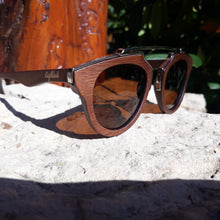 Load image into Gallery viewer, cherry wood with silver metal frame sunglasses  quarter view outside