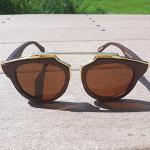 cherry wood with gold metal frame sunglasses front view
