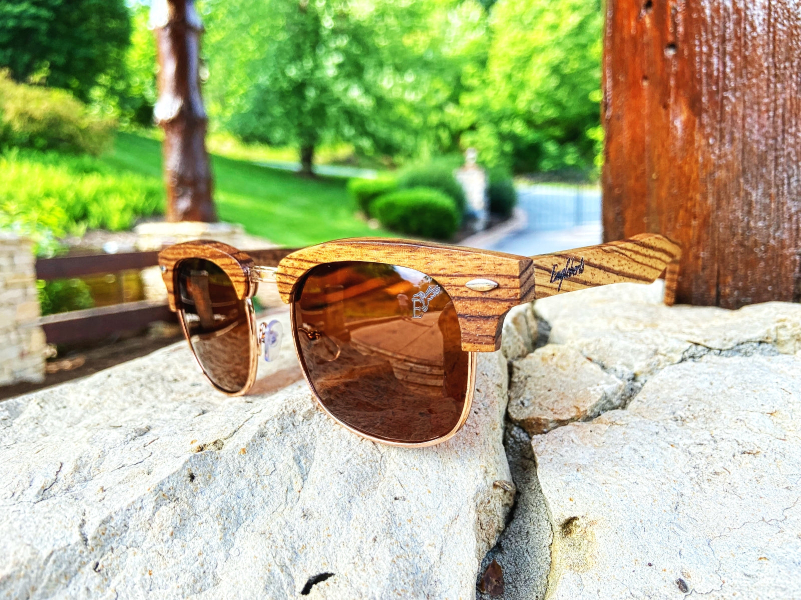 Full Wood Half Rim Wooden Sunglasses Tea Polarized Lenses Engleberts