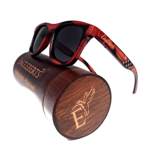 Red Burnt Bamboo Sunglasses with Stars and Stripes and Wood Case