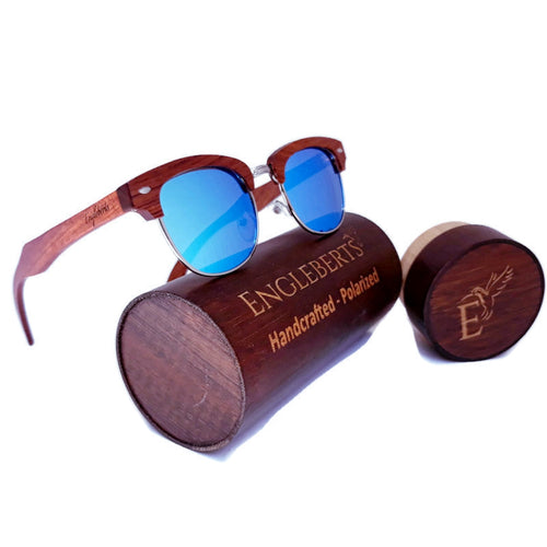 Sandalwood sunglasses with wood case and ice blue polarized lens