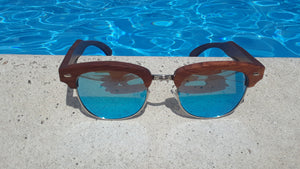 wooden sunglasses with blue lens