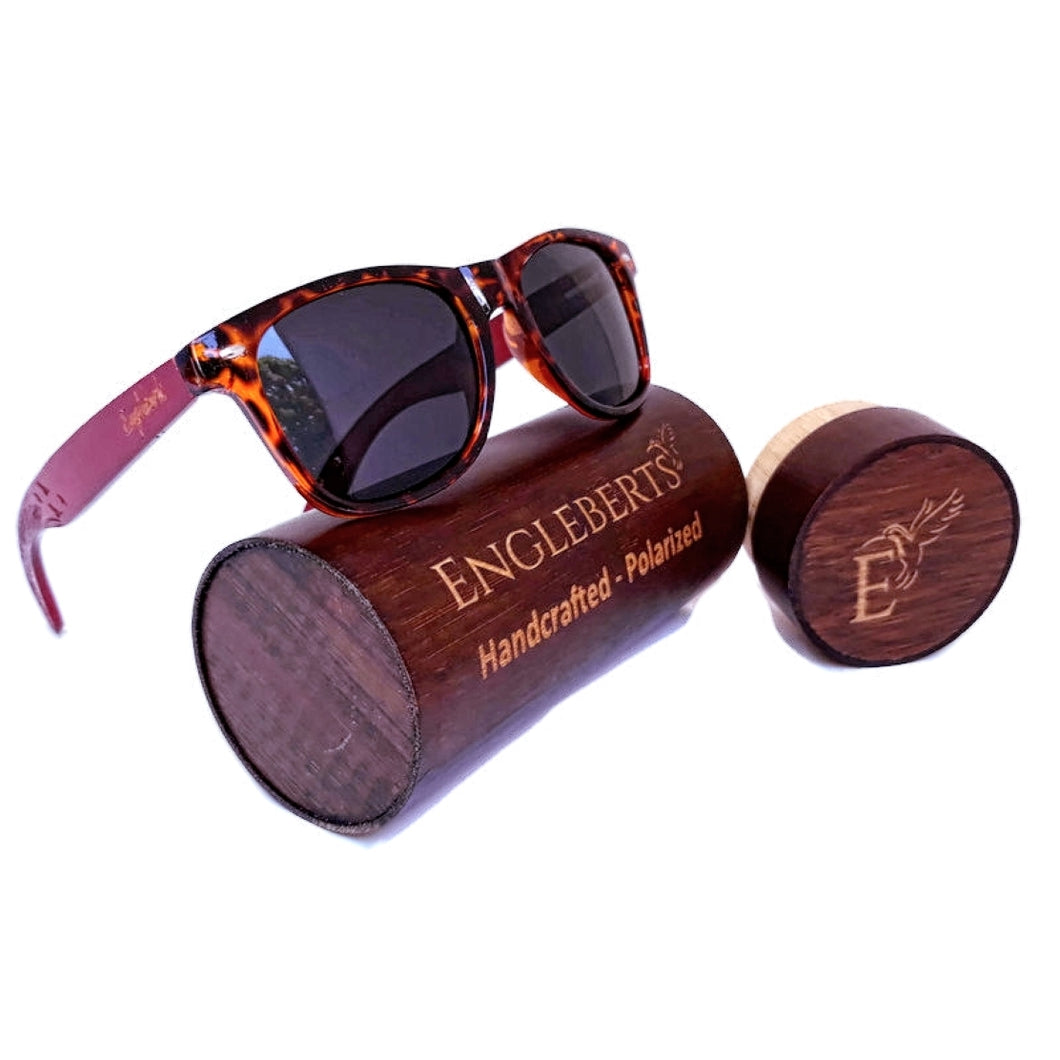 Tortoise framed bamboo sunglasses with wood case