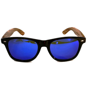 blue lenses bamboo sunglasses front view