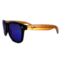 Load image into Gallery viewer, blue lenses bamboo sunglasses side view
