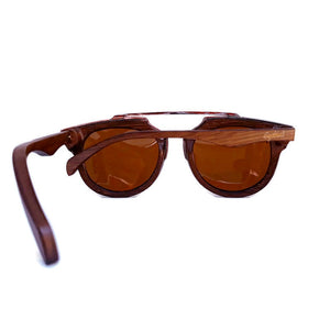cherry wood with silver metal frame sunglasses rear view