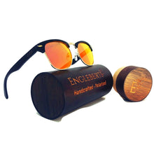 Load image into Gallery viewer, black bamboo sunglasses with red lenses and wood case