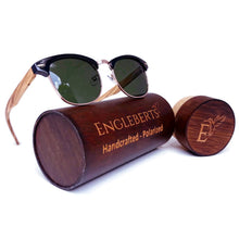 Load image into Gallery viewer, Wooden sunglasses club style with green polarized lenses and bamboo case 
