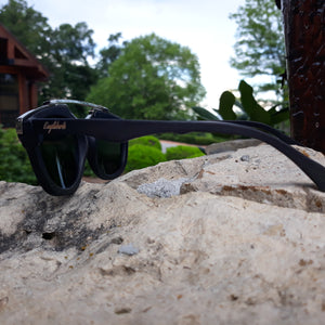 black wood with silver metal frame sunglasses side view outdoors
