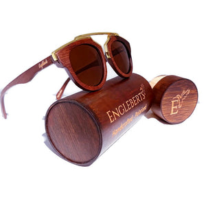 cherry wood with gold metal frame sunglasses  and wood case