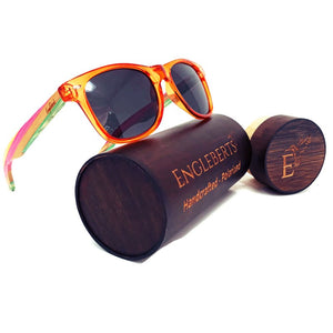 multi colored sunglasses with wood case