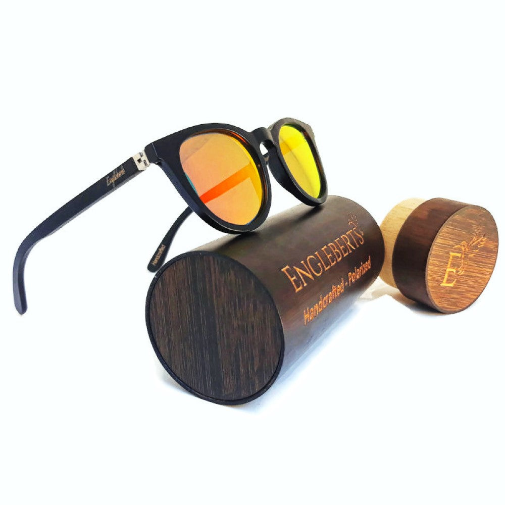 sunset colored lenses sunglasses with wood case